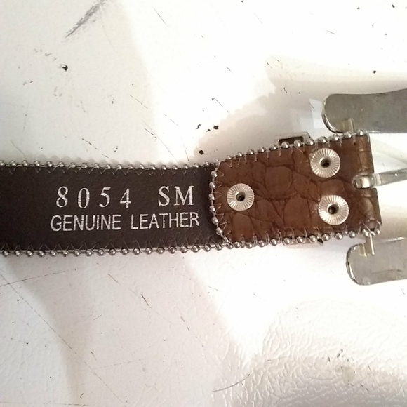 Leather Belt Brown Croc Silver Tone Gold, Amber Rhinestones Fleur De Les 40\